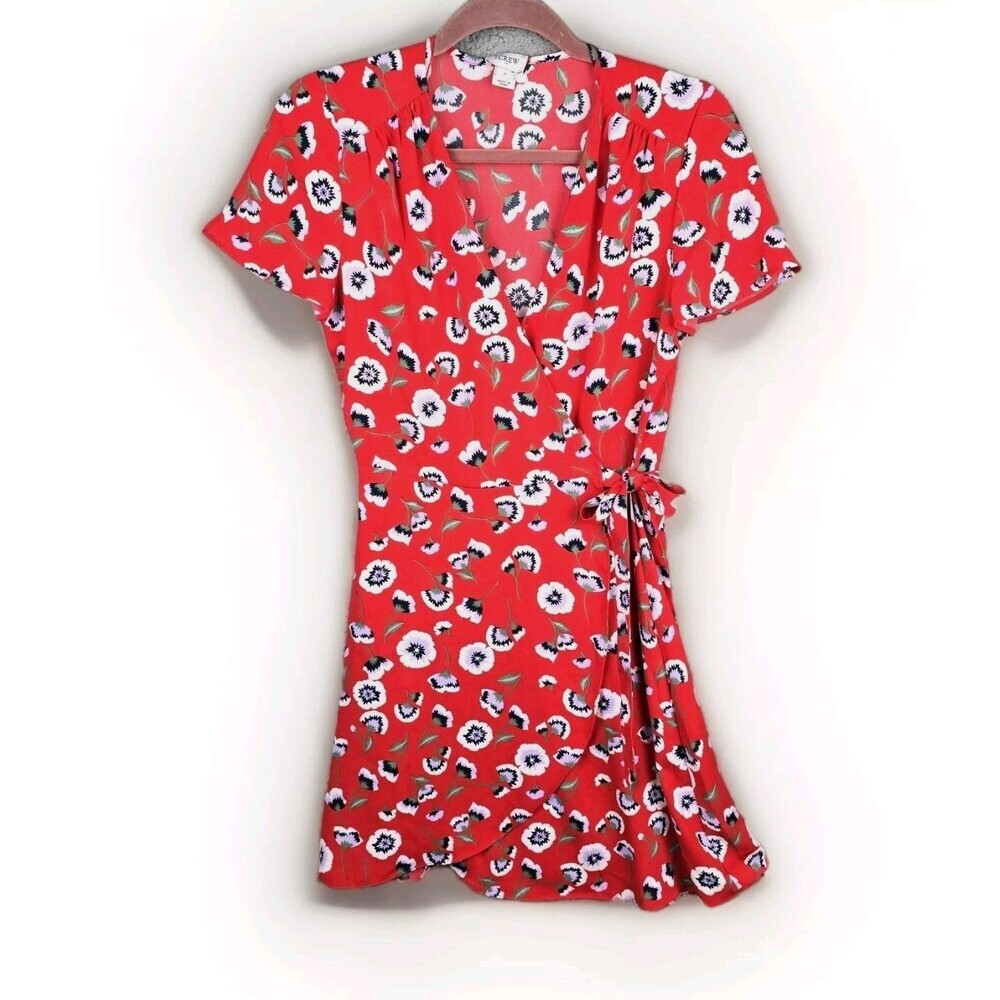 J Crew Wrap Dress Womens 2 Red White Floral V Neck Short Flirty Tie Colorful